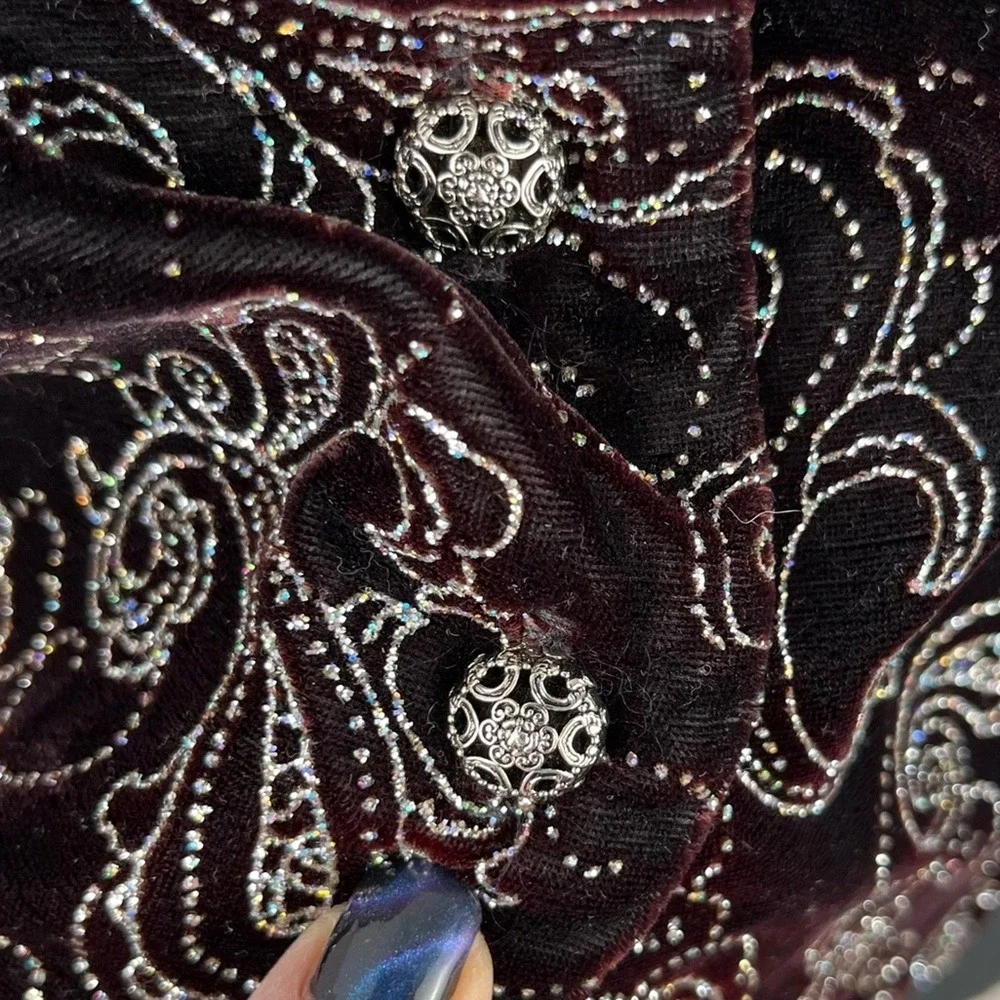 Vintage Black Velvet Vest Metallic Paisley Button Front